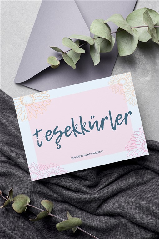 Pastel Çiçekli mavi pembeTeşekkürler Kart 100 Adet Tek Yön Teşekkür Kartvizit