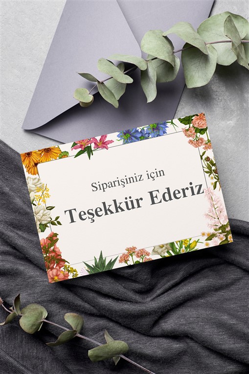 Renkli Çiçeklerle Çerçeveli Teşekkür Kartı 100 Adet Tek Yön Teşekkür Kartvizit