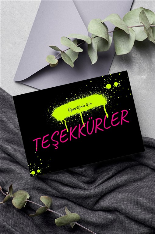 Siyah Sarı Pembe Grafiti Teşekkür Kartı 100 Adet Tek Yön Teşekkür Kartvizit