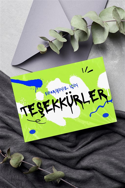 Yeşil Beyaz Grafiti Teşekkür Kartı 100 Adet Tek Yön Teşekkür Kartvizit